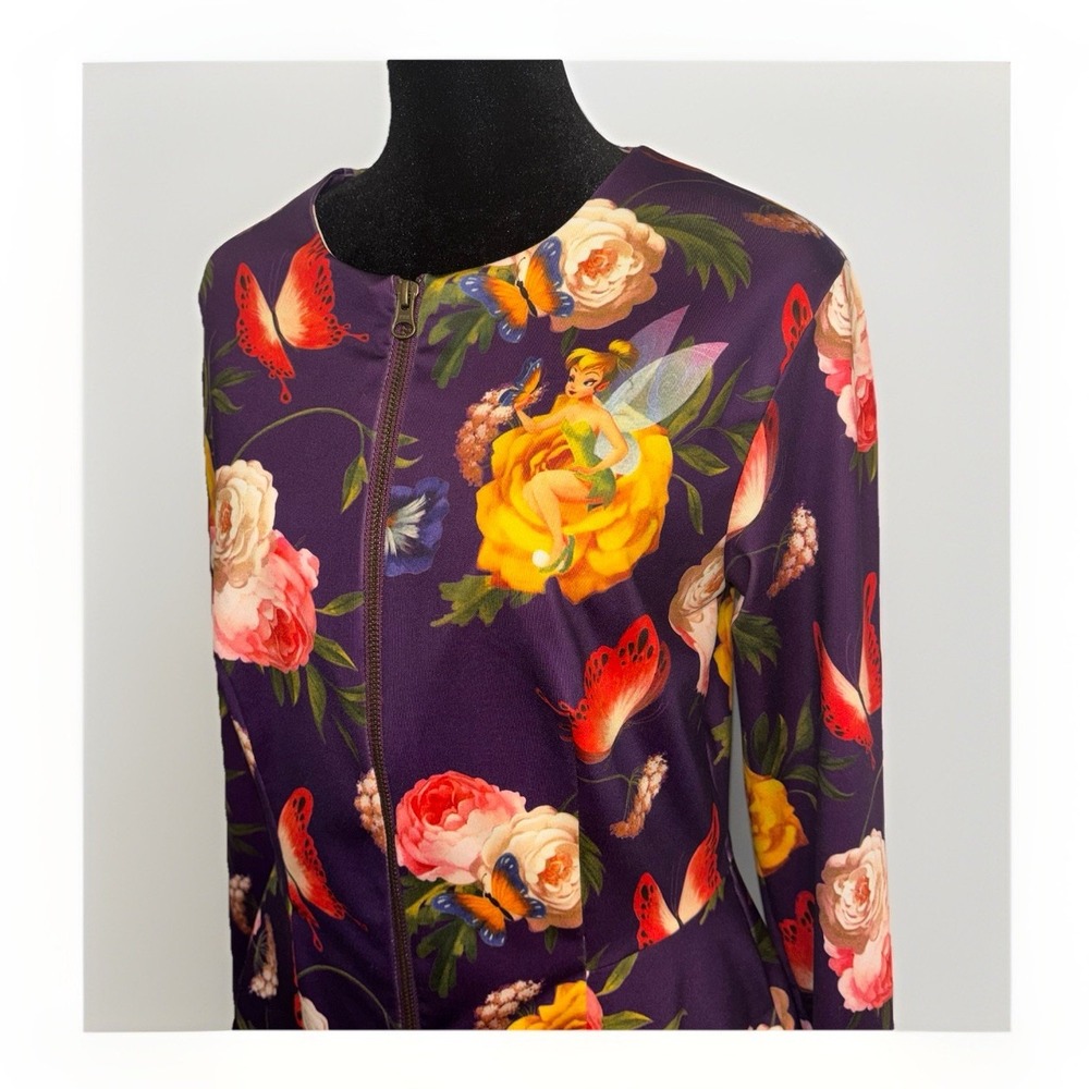 Disney Parks Women's Small‎ Tinker Bell Purple Floral Full Zip Peplum Jacket